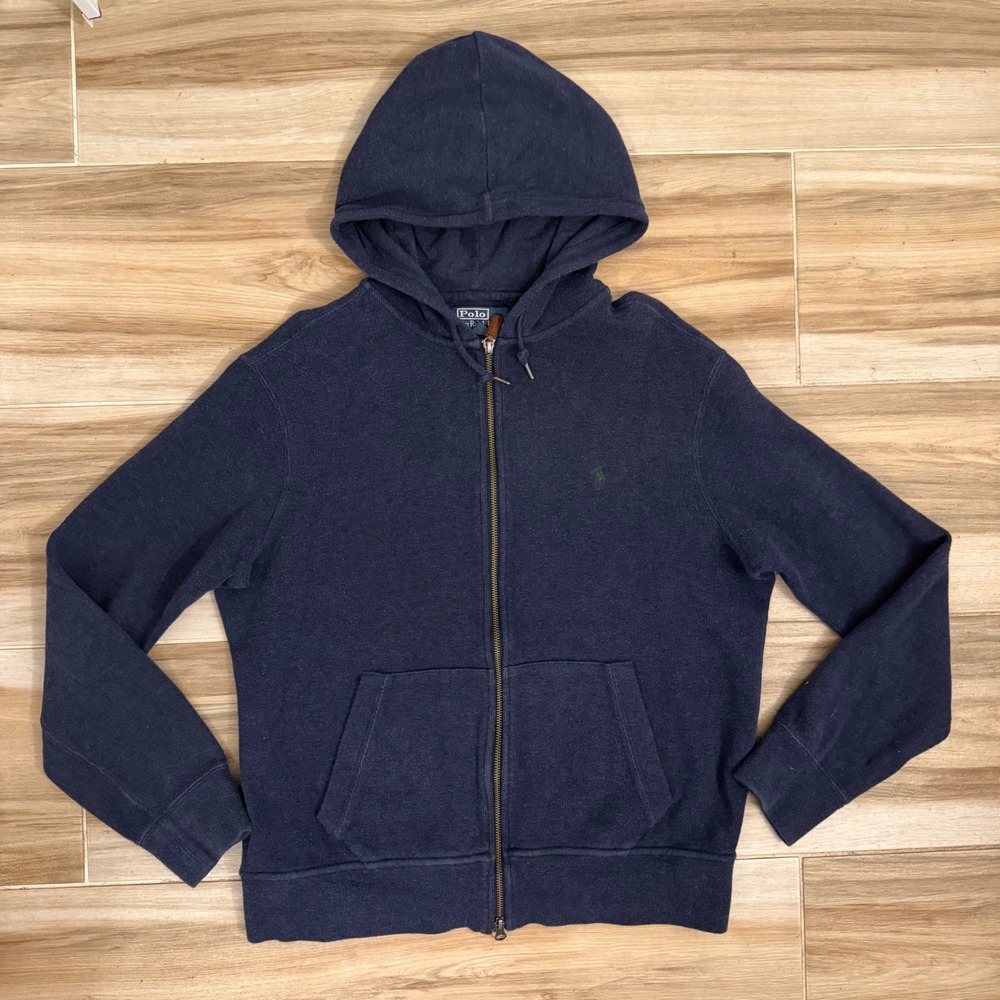 Polo Ralph Lauren Mens Navy Blue Full Zip Cotton Knit Hoodie Large Pony Logo